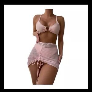 MakeMeChic 3 Piece Swimsuits Bikini Set With Skirt Pink Sz Large NWOT